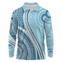 Bula Fiji Vintage Tapa Long Sleeve Polo Shirt Kaivity Masi Wave Motifs - Turquoise