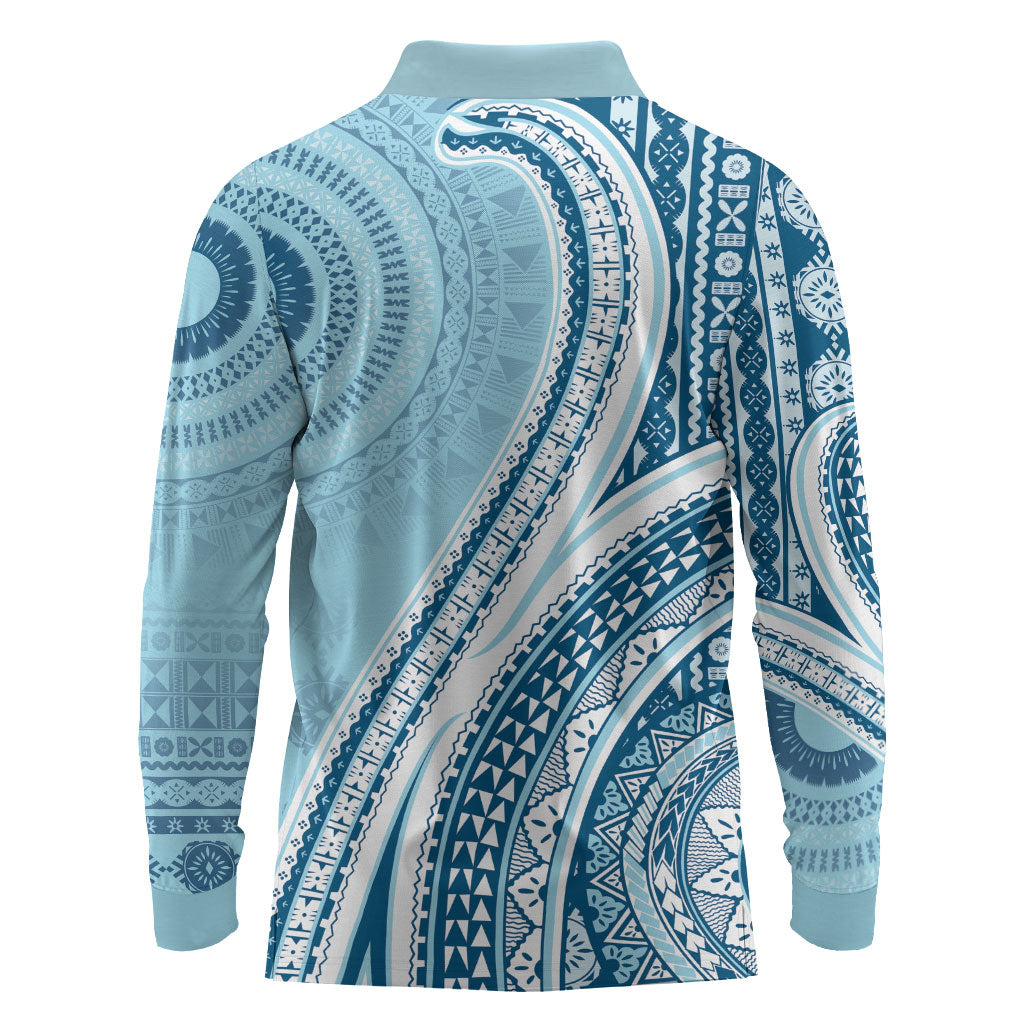 Bula Fiji Vintage Tapa Long Sleeve Polo Shirt Kaivity Masi Wave Motifs - Turquoise