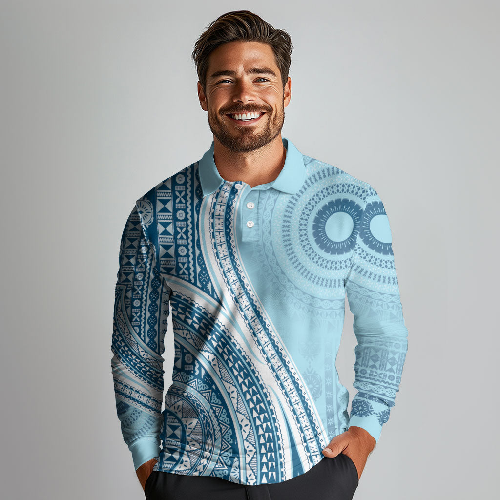 Bula Fiji Vintage Tapa Long Sleeve Polo Shirt Kaivity Masi Wave Motifs - Turquoise