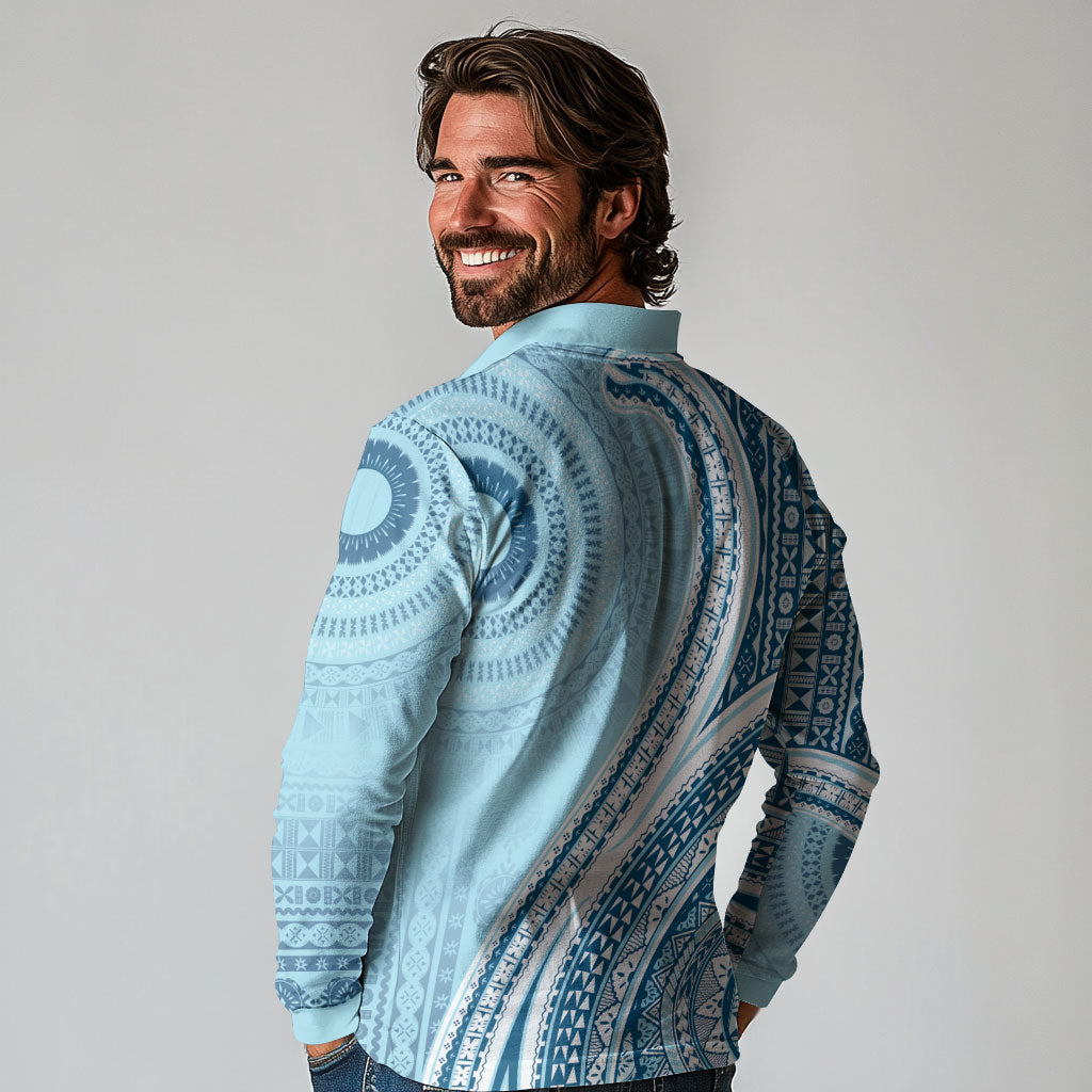 Bula Fiji Vintage Tapa Long Sleeve Polo Shirt Kaivity Masi Wave Motifs - Turquoise