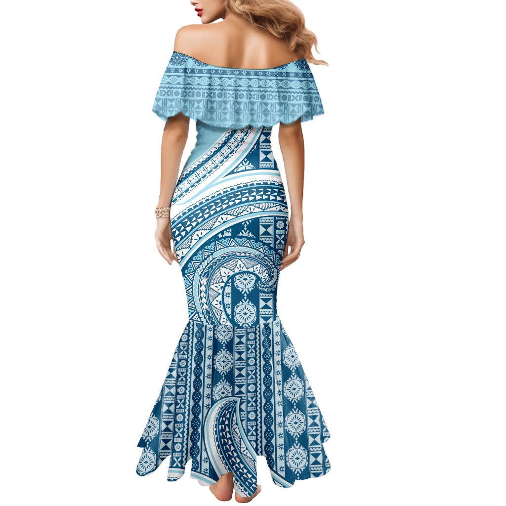 Bula Fiji Vintage Tapa Mermaid Dress Kaivity Masi Wave Motifs - Turquoise