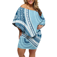 Bula Fiji Vintage Tapa Off Shoulder Short Dress Kaivity Masi Wave Motifs - Turquoise LT7 Women Turquoise - Polynesian Pride
