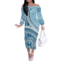 Bula Fiji Vintage Tapa Off The Shoulder Long Sleeve Dress Kaivity Masi Wave Motifs - Turquoise
