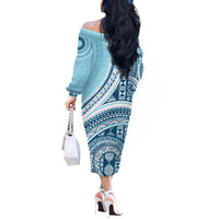 Bula Fiji Vintage Tapa Off The Shoulder Long Sleeve Dress Kaivity Masi Wave Motifs - Turquoise