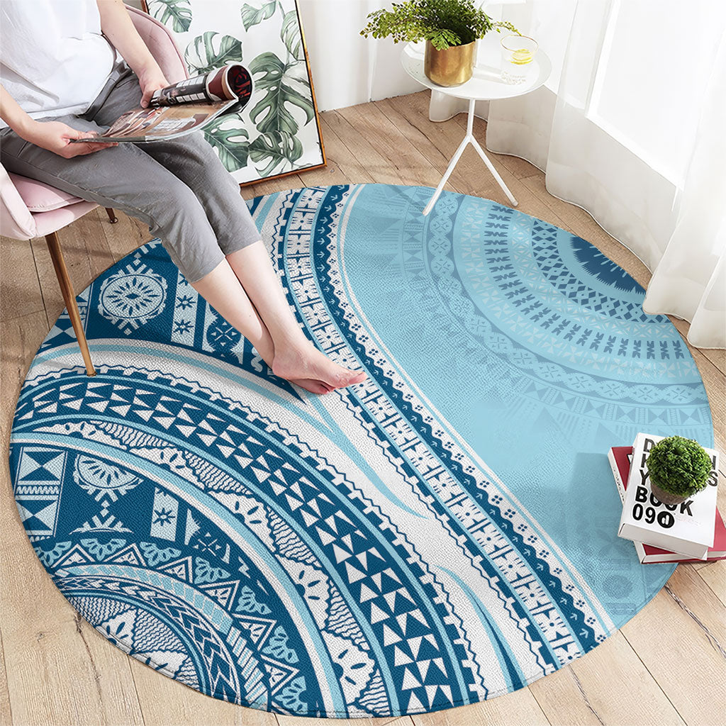 Bula Fiji Vintage Tapa Round Carpet Kaivity Masi Wave Motifs - Turquoise LT7 - Polynesian Pride