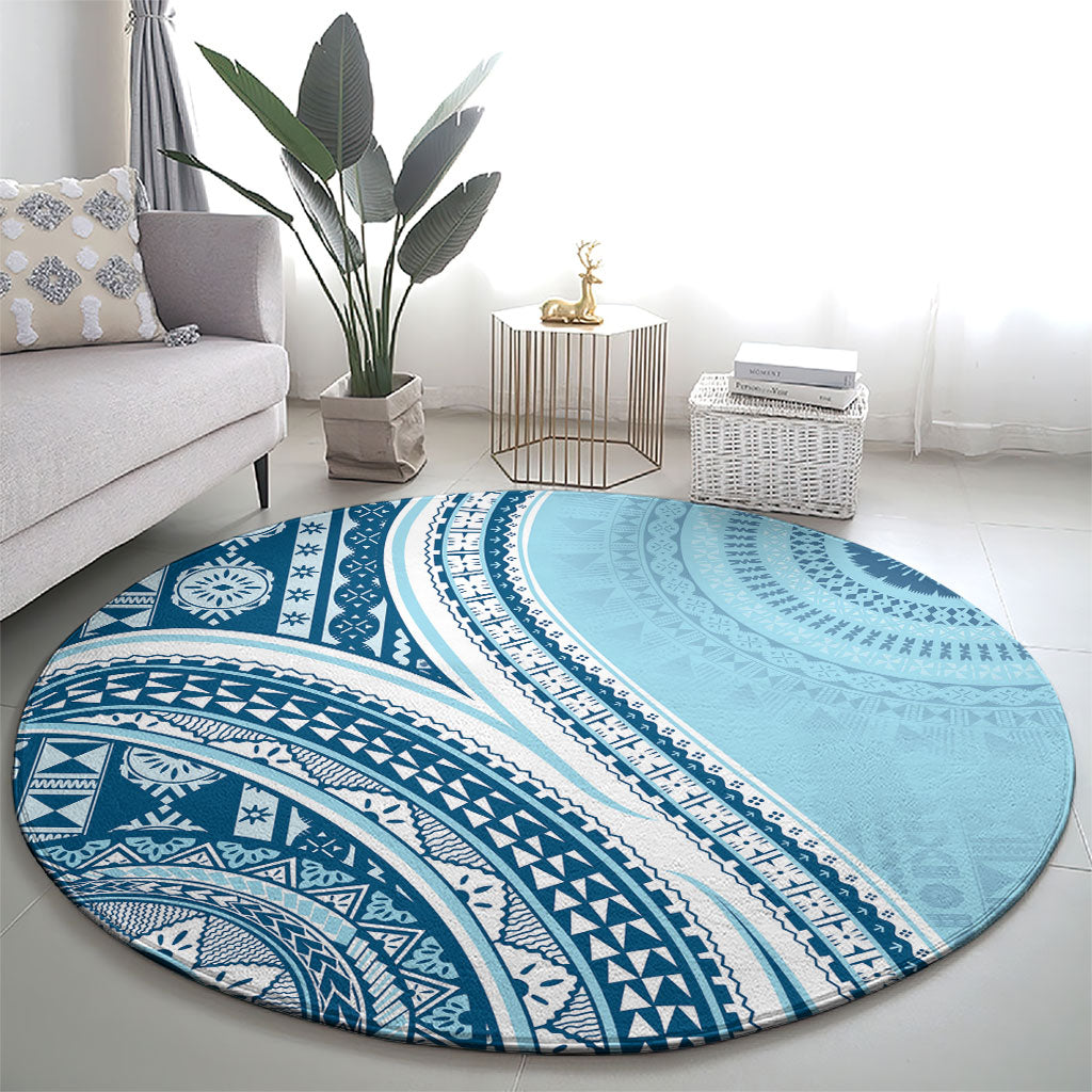 Bula Fiji Vintage Tapa Round Carpet Kaivity Masi Wave Motifs - Turquoise LT7 - Polynesian Pride