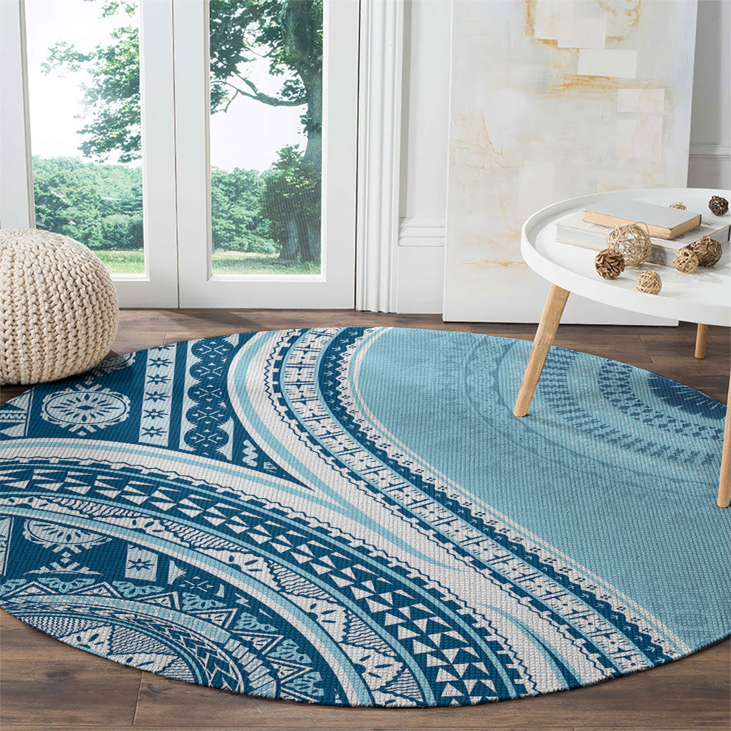 Bula Fiji Vintage Tapa Round Carpet Kaivity Masi Wave Motifs - Turquoise LT7 - Polynesian Pride