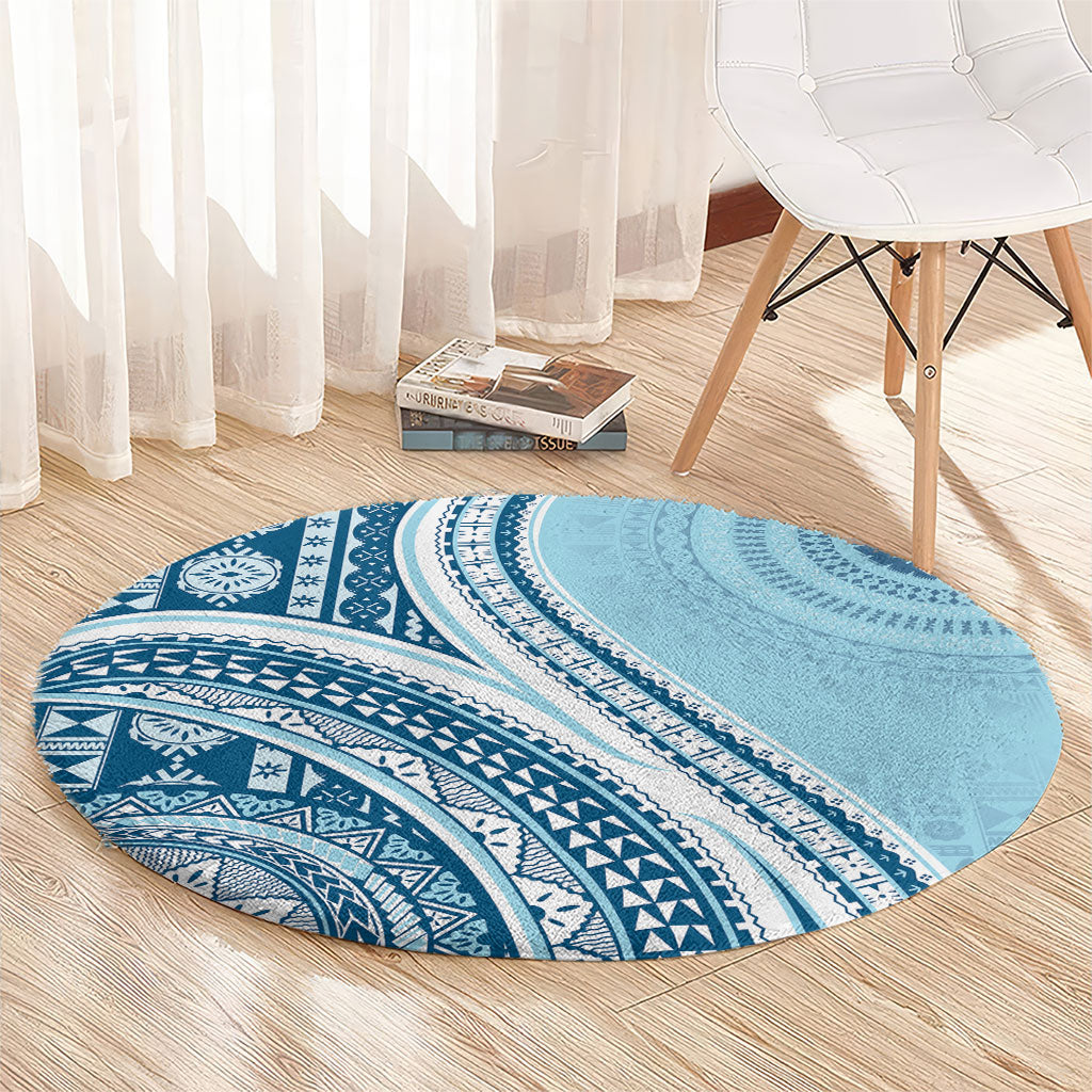 Bula Fiji Vintage Tapa Round Carpet Kaivity Masi Wave Motifs - Turquoise LT7 - Polynesian Pride