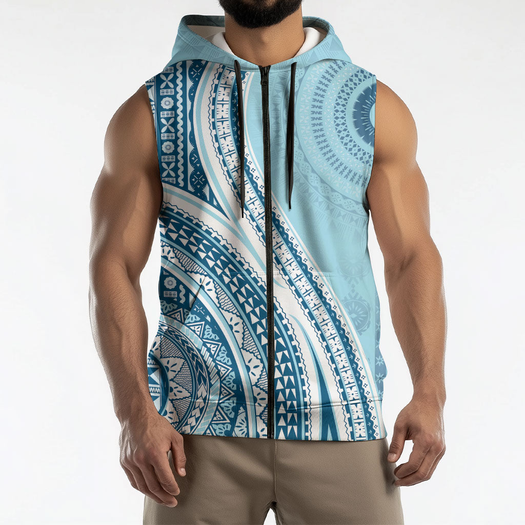 Bula Fiji Vintage Tapa Sleeveless Zip Hoodie Kaivity Masi Wave Motifs - Turquoise