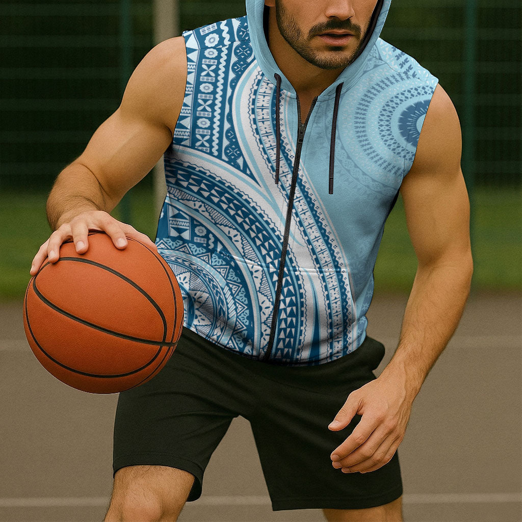 Bula Fiji Vintage Tapa Sleeveless Zip Hoodie Kaivity Masi Wave Motifs - Turquoise