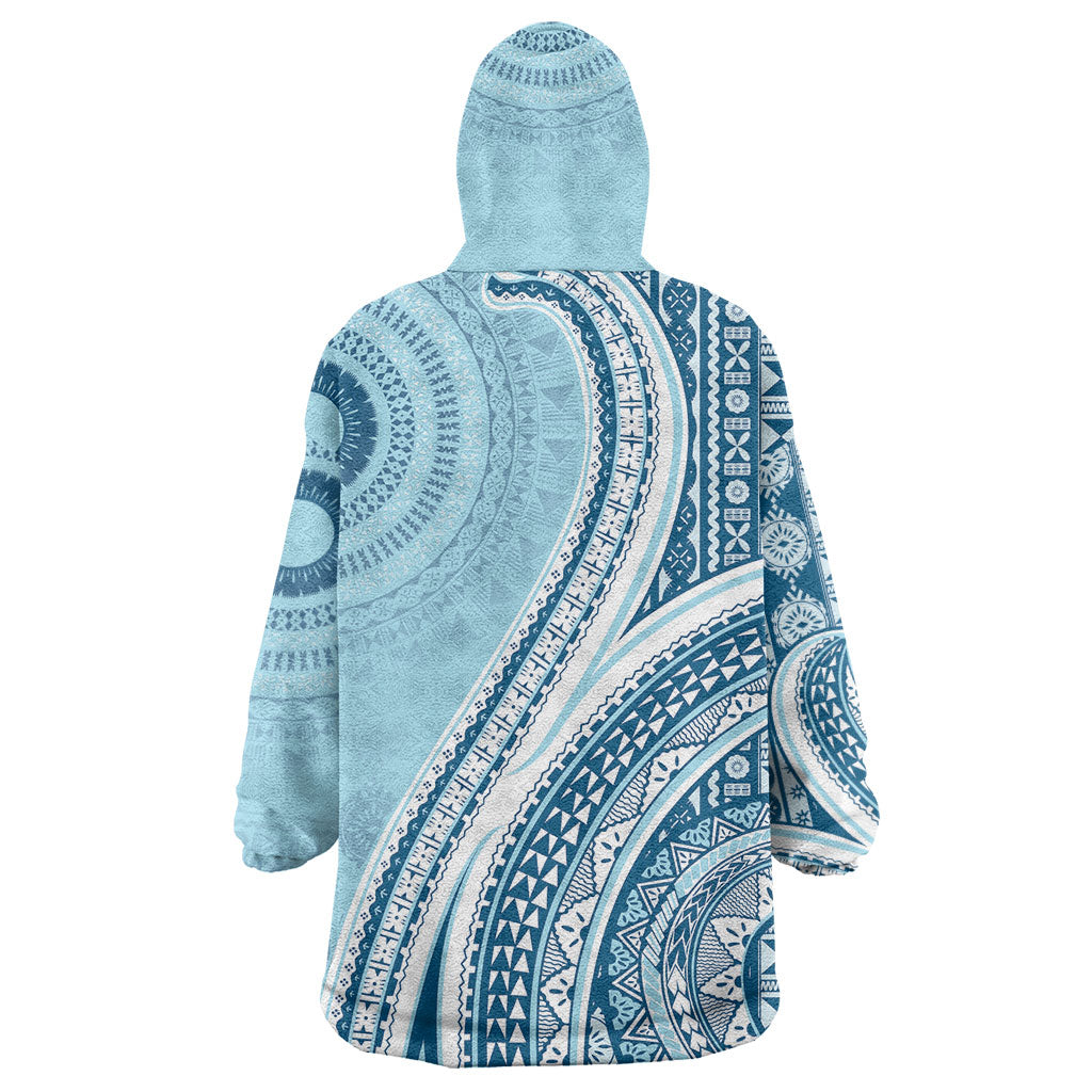 Bula Fiji Vintage Tapa Wearable Blanket Hoodie Kaivity Masi Wave Motifs - Turquoise
