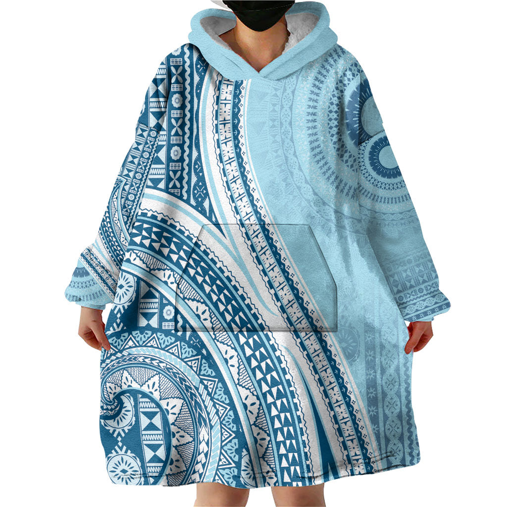 Bula Fiji Vintage Tapa Wearable Blanket Hoodie Kaivity Masi Wave Motifs - Turquoise