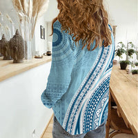 Bula Fiji Vintage Tapa Women Casual Shirt Kaivity Masi Wave Motifs - Turquoise