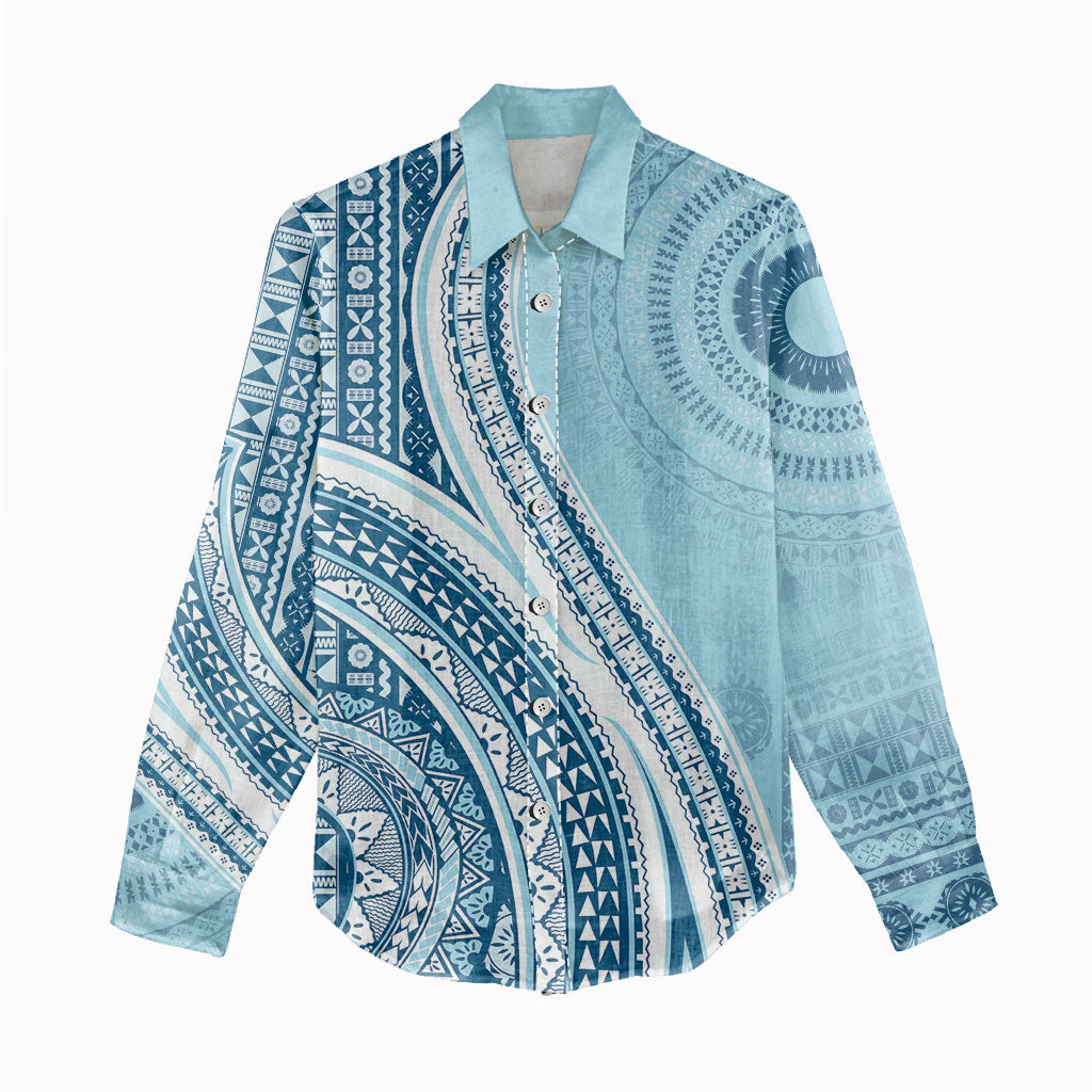Bula Fiji Vintage Tapa Women Casual Shirt Kaivity Masi Wave Motifs - Turquoise