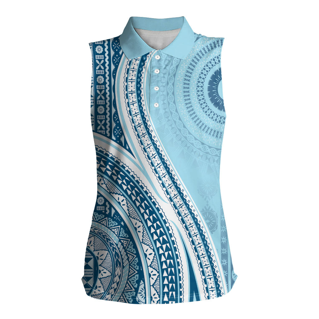 Bula Fiji Vintage Tapa Women Sleeveless Polo Shirt Kaivity Masi Wave Motifs - Turquoise