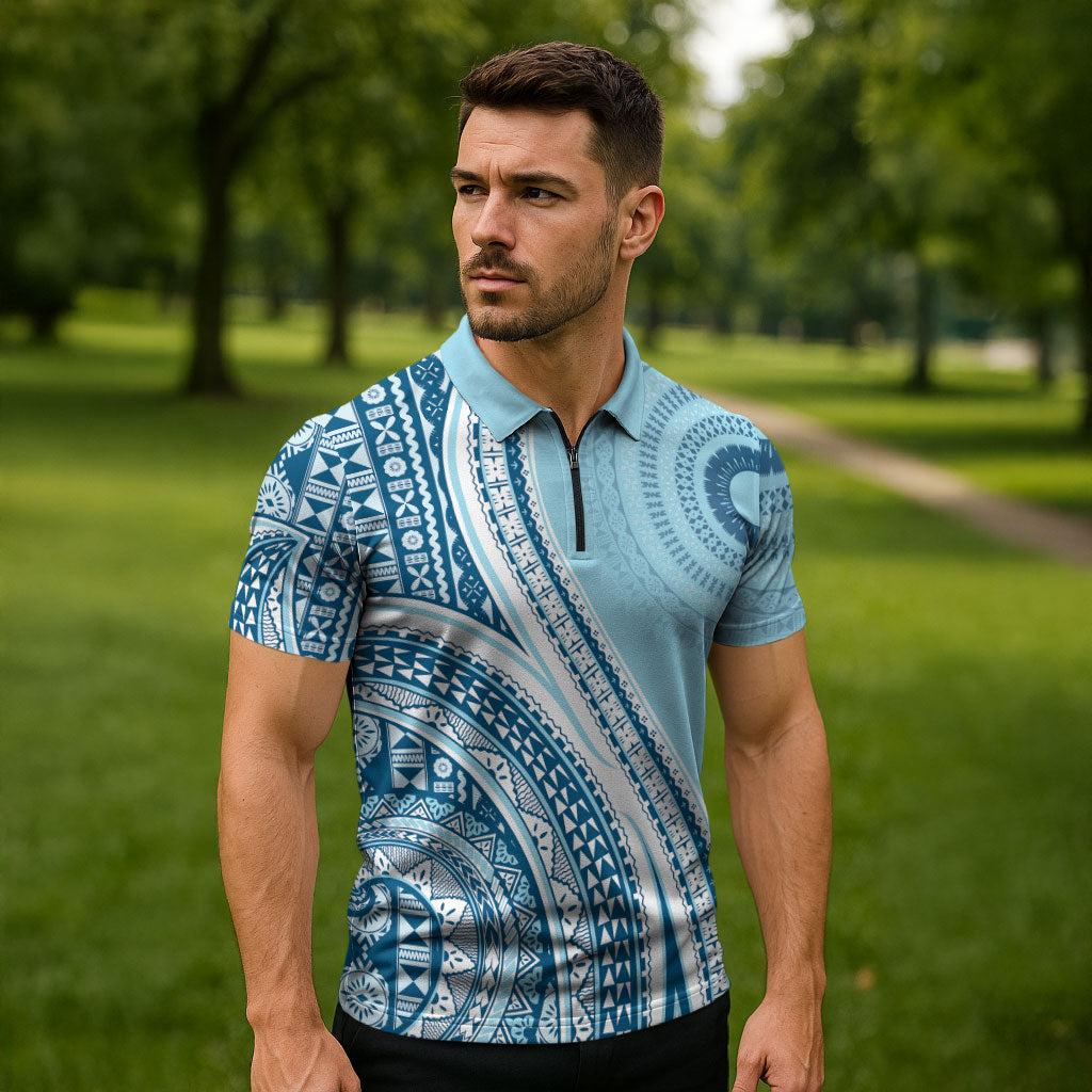 Bula Fiji Vintage Tapa Zipper Polo Shirt Kaivity Masi Wave Motifs - Turquoise