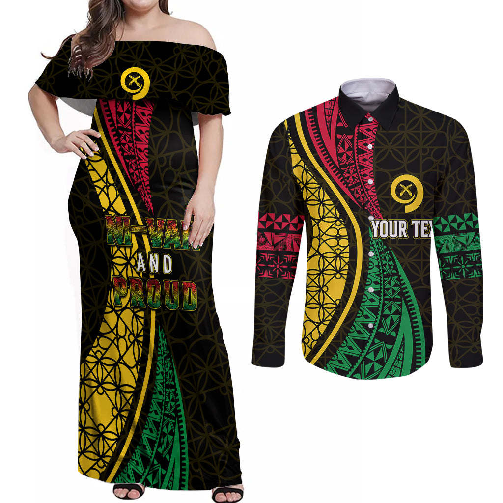 Personalised Vanuatu Couples Matching Off Shoulder Maxi Dress and Long Sleeve Button Shirts Melanesian Sand Drawing Mixed - Ni Van and Proud LT7 Black - Polynesian Pride
