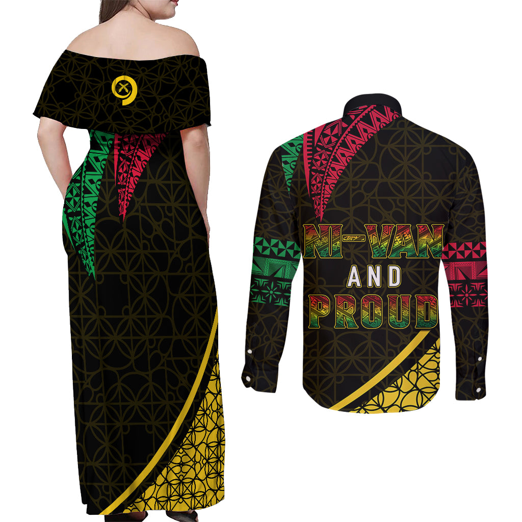 Personalised Vanuatu Couples Matching Off Shoulder Maxi Dress and Long Sleeve Button Shirts Melanesian Sand Drawing Mixed - Ni Van and Proud LT7 - Polynesian Pride
