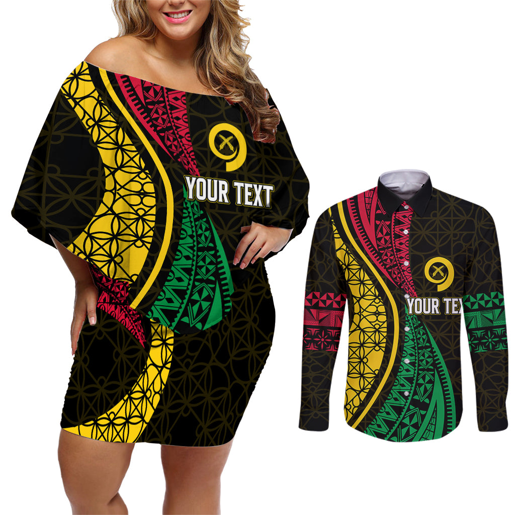 Personalised Vanuatu Couples Matching Off Shoulder Short Dress and Long Sleeve Button Shirts Melanesian Sand Drawing Mixed - Ni Van and Proud LT7 Black - Polynesian Pride