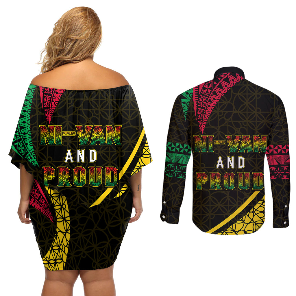 Personalised Vanuatu Couples Matching Off Shoulder Short Dress and Long Sleeve Button Shirts Melanesian Sand Drawing Mixed - Ni Van and Proud LT7 - Polynesian Pride