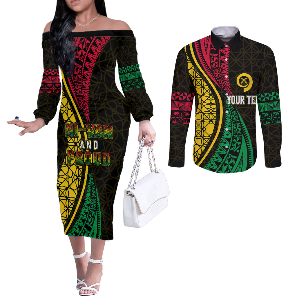Personalised Vanuatu Couples Matching Off The Shoulder Long Sleeve Dress and Long Sleeve Button Shirts Melanesian Sand Drawing Mixed - Ni Van and Proud LT7 Black - Polynesian Pride