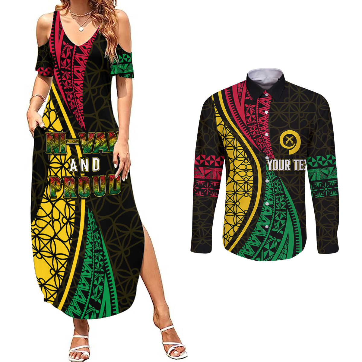Personalised Vanuatu Couples Matching Summer Maxi Dress and Long Sleeve Button Shirts Melanesian Sand Drawing Mixed - Ni Van and Proud LT7 Black - Polynesian Pride
