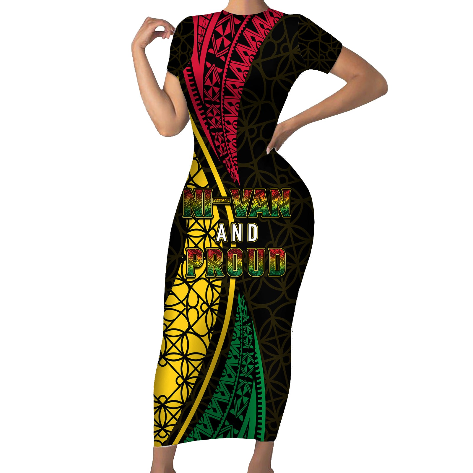 Personalised Vanuatu Short Sleeve Bodycon Dress Melanesian Sand Drawing Mixed - Ni Van and Proud LT7 Long Dress Black - Polynesian Pride