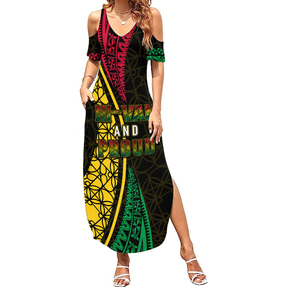 Personalised Vanuatu Summer Maxi Dress Melanesian Sand Drawing Mixed - Ni Van and Proud LT7 Women Black - Polynesian Pride