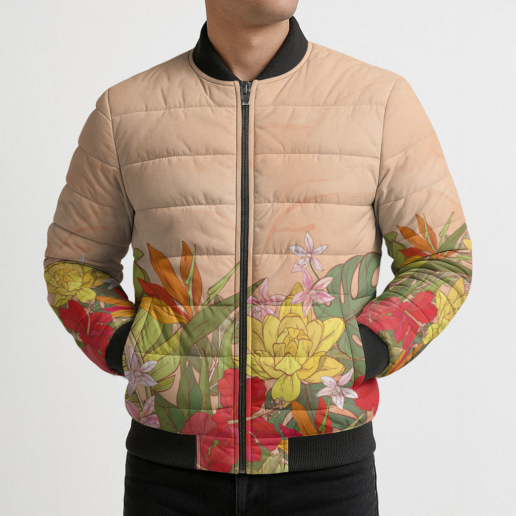 Mahalo Hawaii - ⁠Ka Pule a ka Haku Bomber Puffer Jacket Tropical Flowers