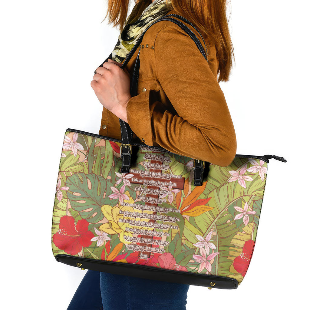 Mahalo Hawaii - ⁠Ka Pule a ka Haku Leather Tote Bag Tropical Flowers