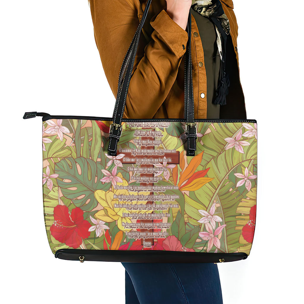 Mahalo Hawaii - ⁠Ka Pule a ka Haku Leather Tote Bag Tropical Flowers