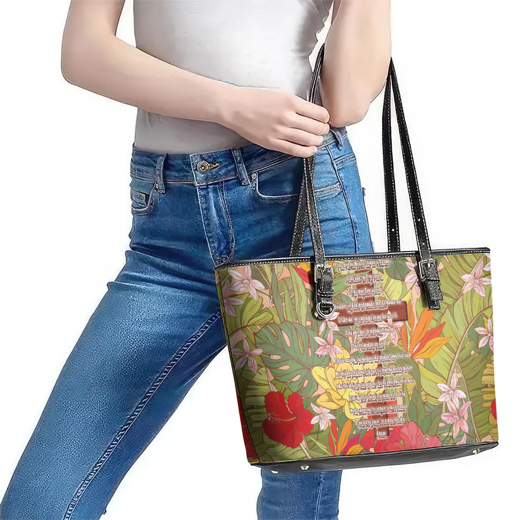 Mahalo Hawaii - ⁠Ka Pule a ka Haku Leather Tote Bag Tropical Flowers