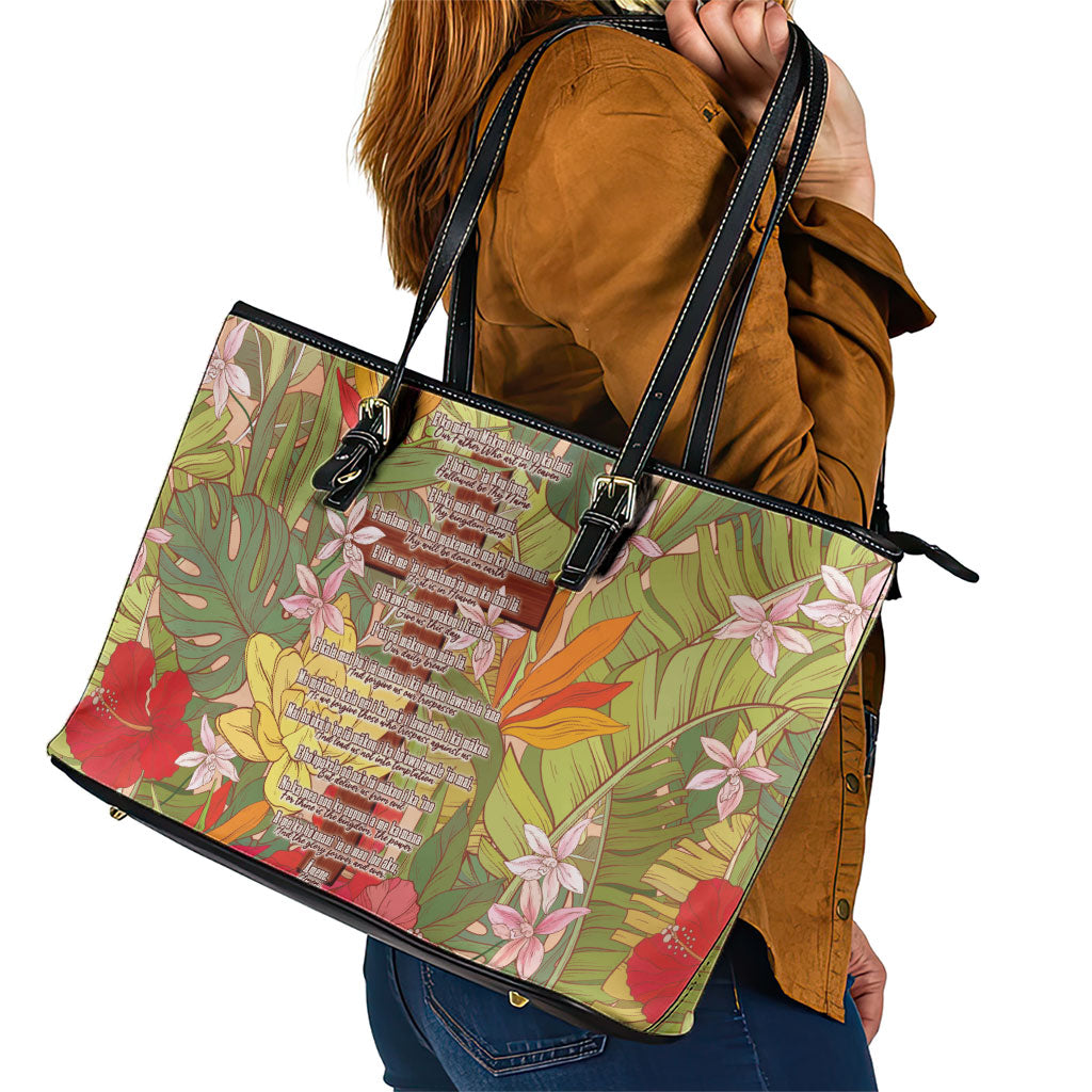 Mahalo Hawaii - ⁠Ka Pule a ka Haku Leather Tote Bag Tropical Flowers