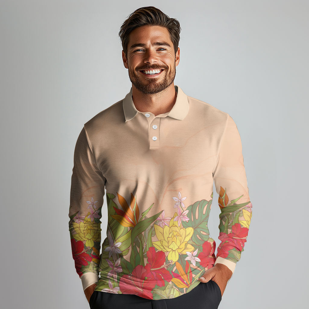 Mahalo Hawaii - ⁠Ka Pule a ka Haku Long Sleeve Polo Shirt Tropical Flowers