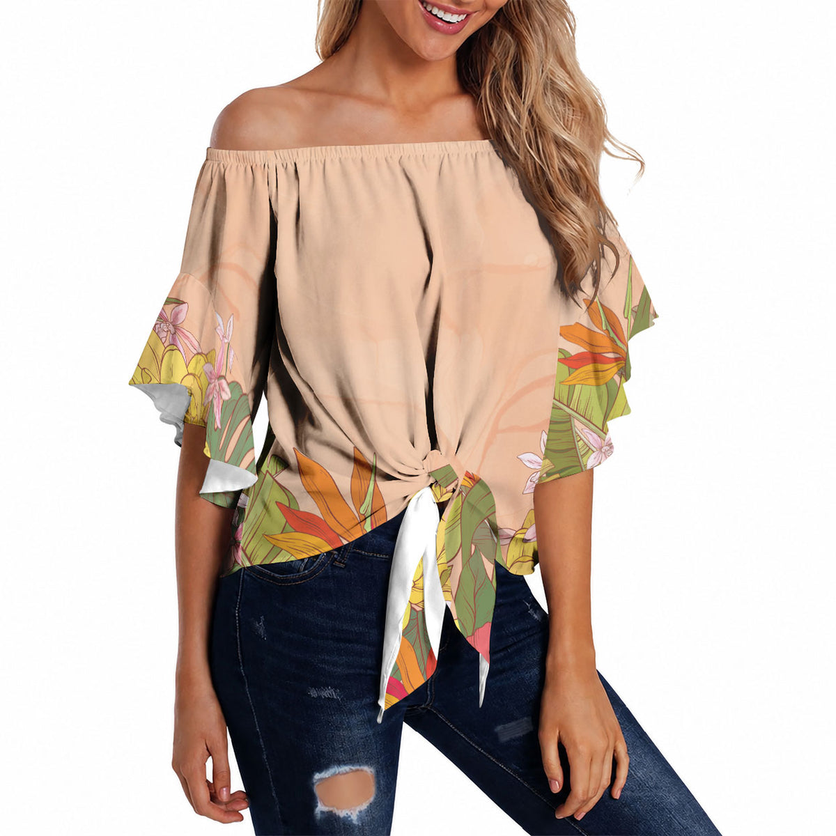 Mahalo Hawaii - ⁠Ka Pule a ka Haku Off Shoulder Wrap Waist Top Tropical Flowers