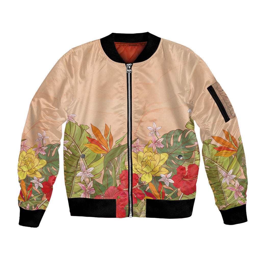 Mahalo Hawaii - ⁠Ka Pule a ka Haku Sleeve Zip Bomber Jacket Tropical Flowers