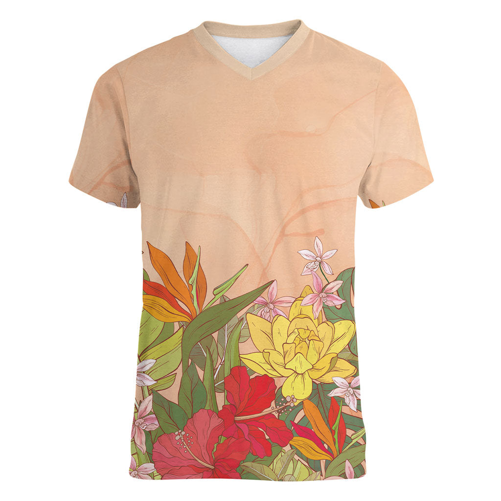 Mahalo Hawaii - ⁠Ka Pule a ka Haku Women V-Neck T-Shirt Tropical Flowers