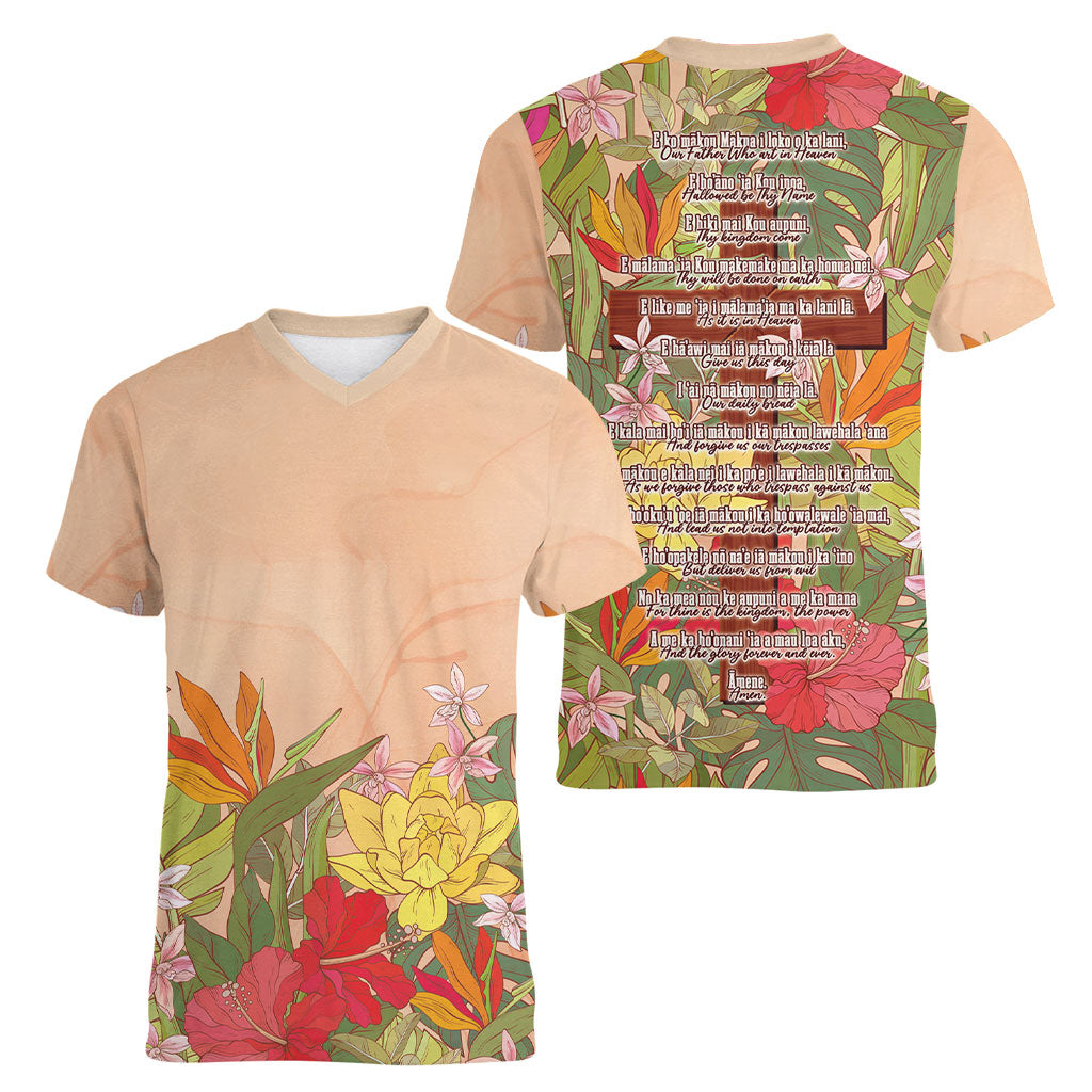 Mahalo Hawaii - ⁠Ka Pule a ka Haku Women V-Neck T-Shirt Tropical Flowers