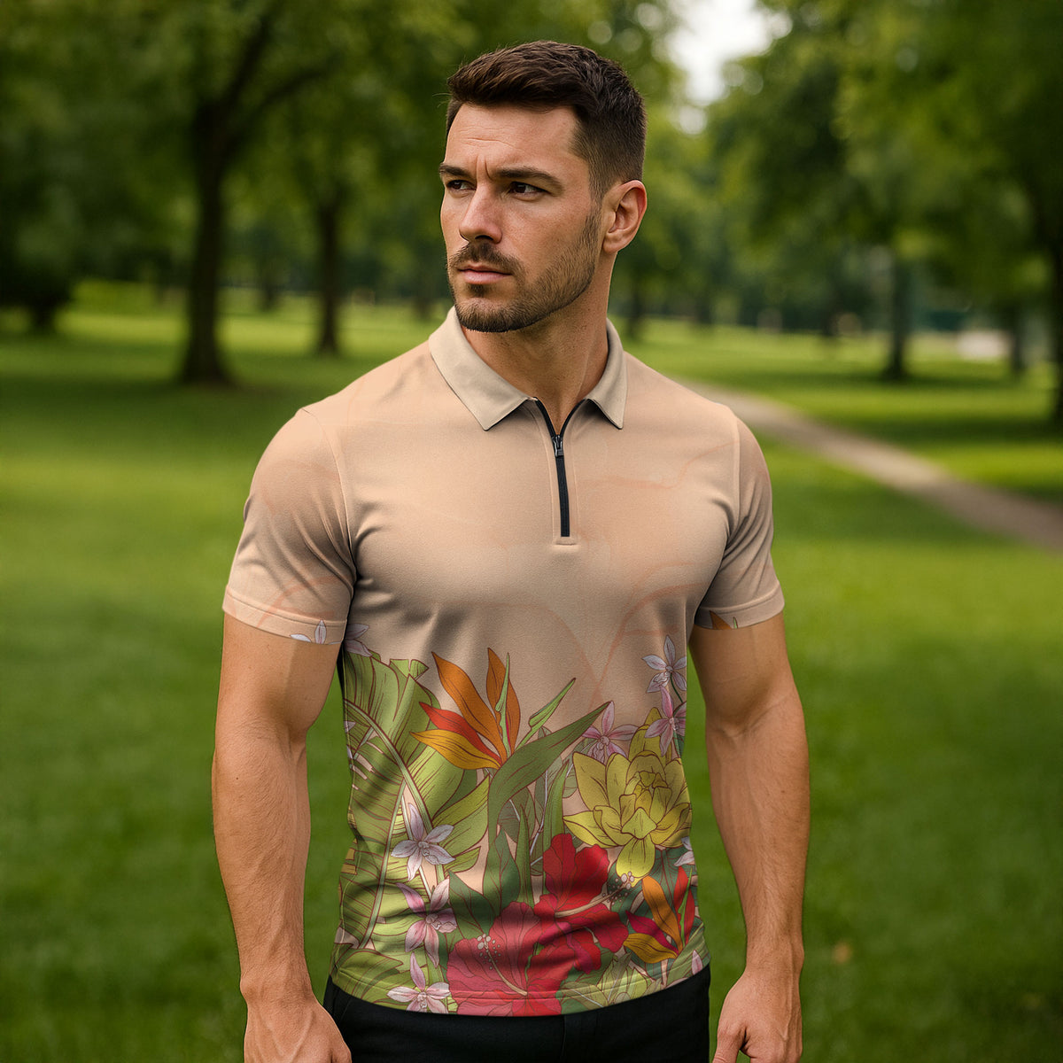 Mahalo Hawaii - ⁠Ka Pule a ka Haku Zipper Polo Shirt Tropical Flowers