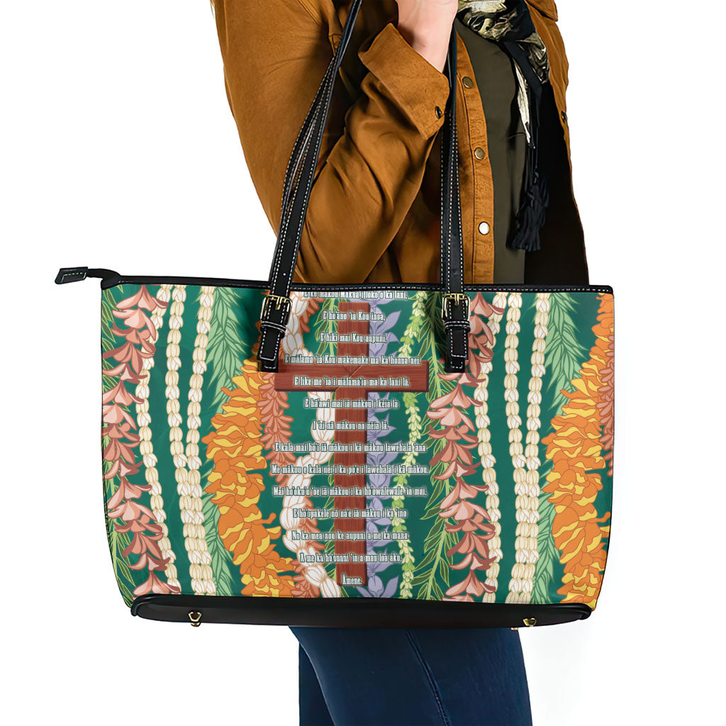 Mahalo Hawaii - ⁠Ka Pule a ka Haku Leather Tote Bag Mixed Lei