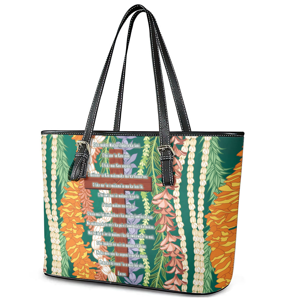 Mahalo Hawaii - ⁠Ka Pule a ka Haku Leather Tote Bag Mixed Lei