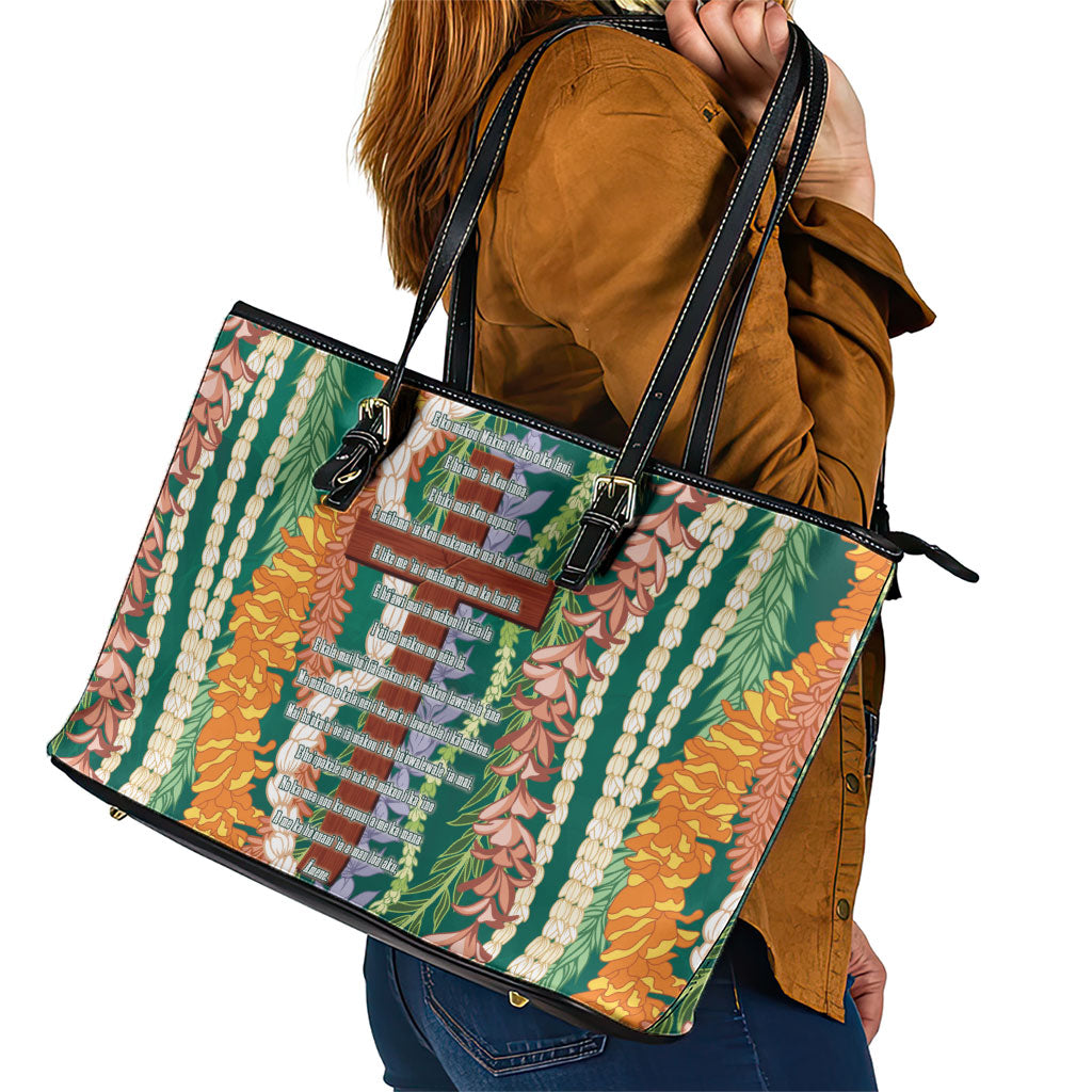 Mahalo Hawaii - ⁠Ka Pule a ka Haku Leather Tote Bag Mixed Lei