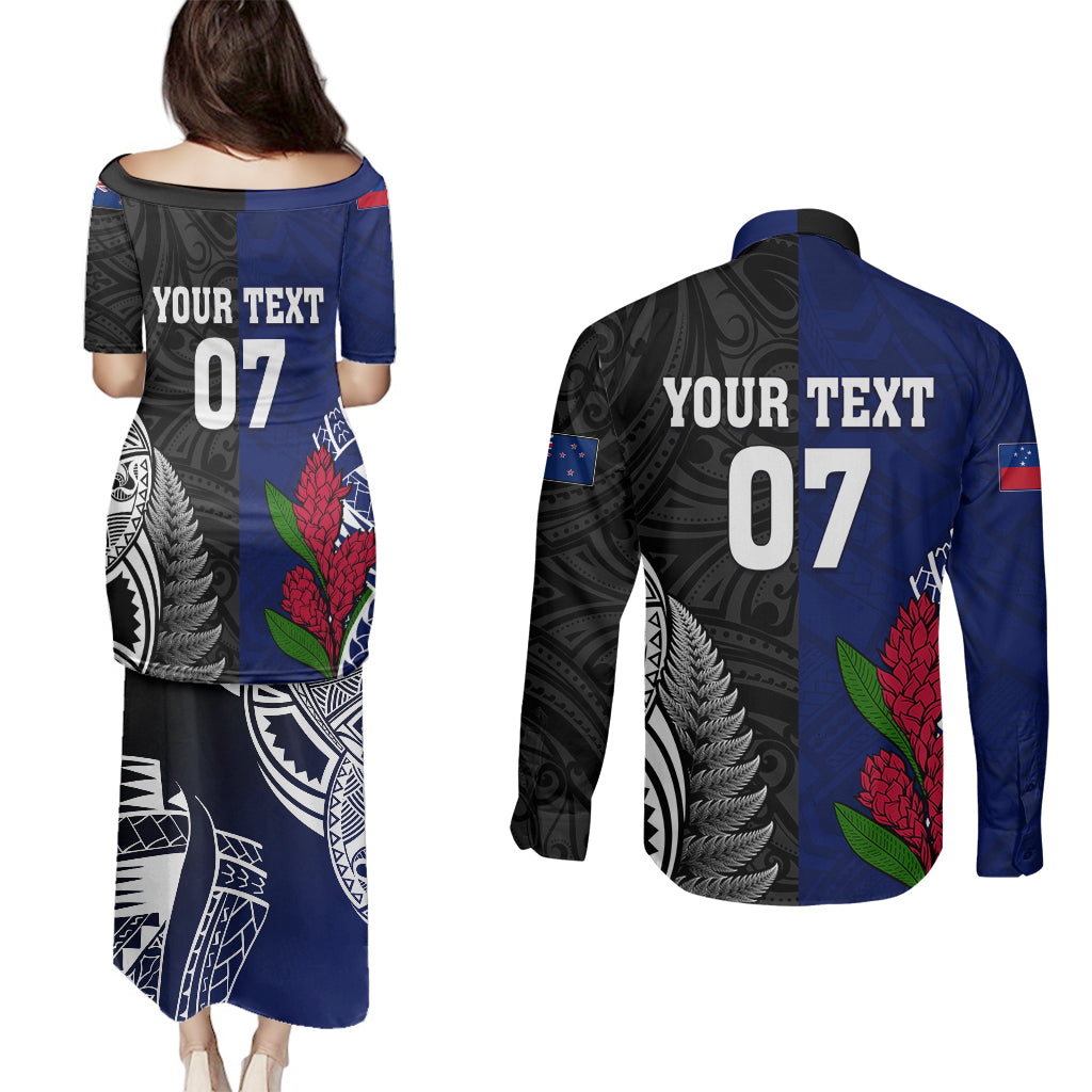 Personalised New Zealand Vs Samoa Rugby Couples Matching Puletasi Dress and Long Sleeve Button Shirts Go Champions LT7 - Polynesian Pride