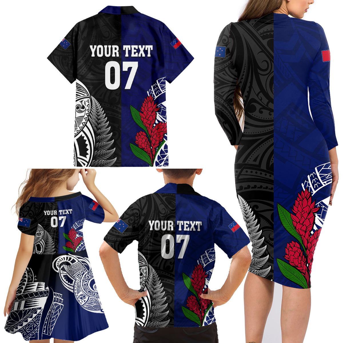 Personalised New Zealand Vs Samoa Rugby Family Matching Long Sleeve Bodycon Dress and Hawaiian Shirt Go Champions LT7 - Polynesian Pride