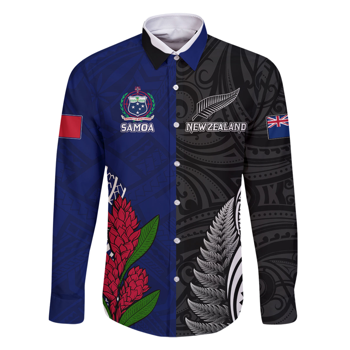 Personalised New Zealand Vs Samoa Rugby Family Matching Off Shoulder Short Dress and Hawaiian Shirt Go Champions LT7 Dad's Shirt - Long Sleeve Black Blue - Polynesian Pride