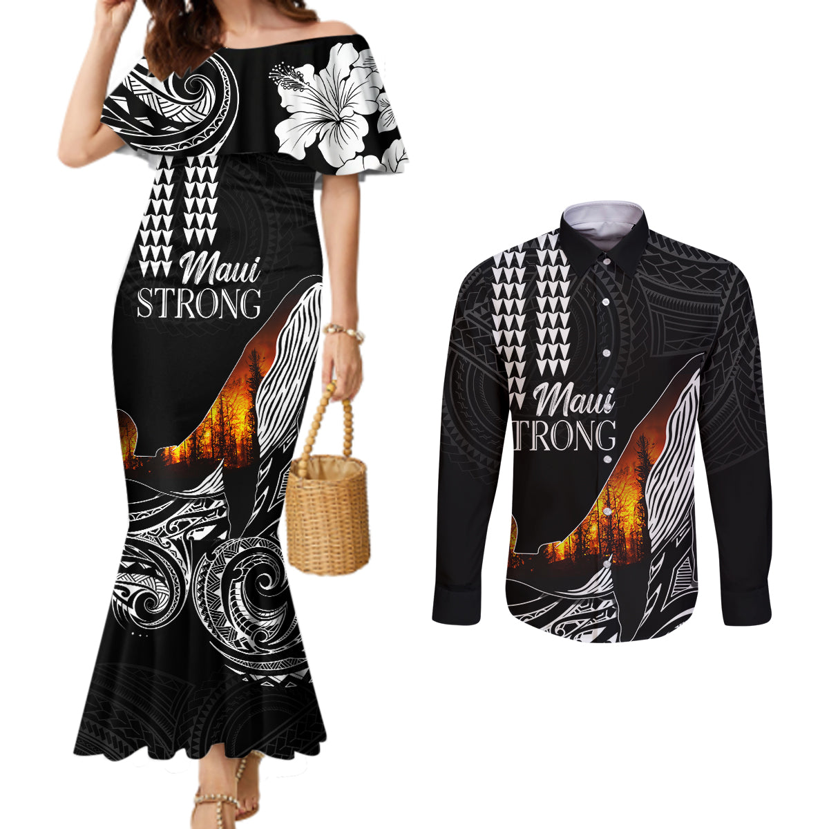 Hawaii Humpback Whale Couples Matching Mermaid Dress and Long Sleeve Button Shirts Be Strong - Pray For Maui LT7 Black - Polynesian Pride