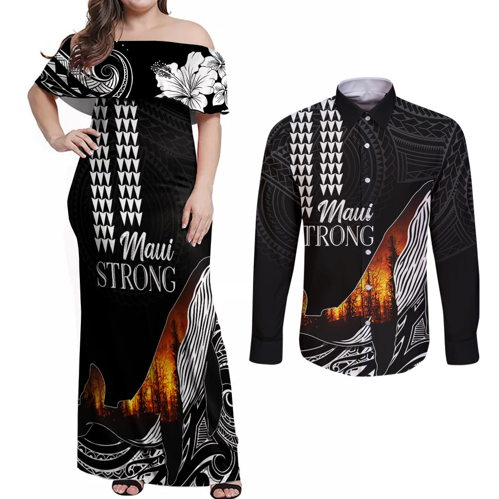 Hawaii Humpback Whale Couples Matching Off Shoulder Maxi Dress and Long Sleeve Button Shirts Be Strong - Pray For Maui LT7 Black - Polynesian Pride