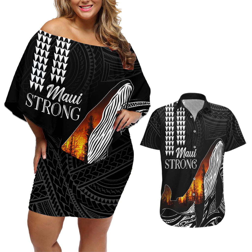 Hawaii Humpback Whale Couples Matching Off Shoulder Short Dress and Hawaiian Shirt Be Strong - Pray For Maui LT7 Black - Polynesian Pride