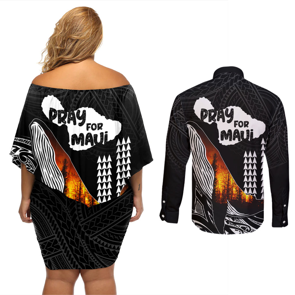 Hawaii Humpback Whale Couples Matching Off Shoulder Short Dress and Long Sleeve Button Shirts Be Strong - Pray For Maui LT7 - Polynesian Pride