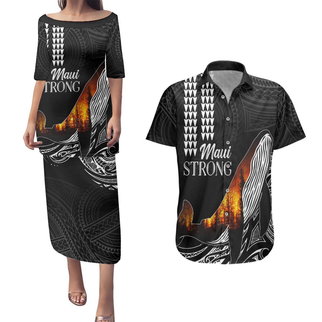 Hawaii Humpback Whale Couples Matching Puletasi Dress and Hawaiian Shirt Be Strong - Pray For Maui LT7 Black - Polynesian Pride